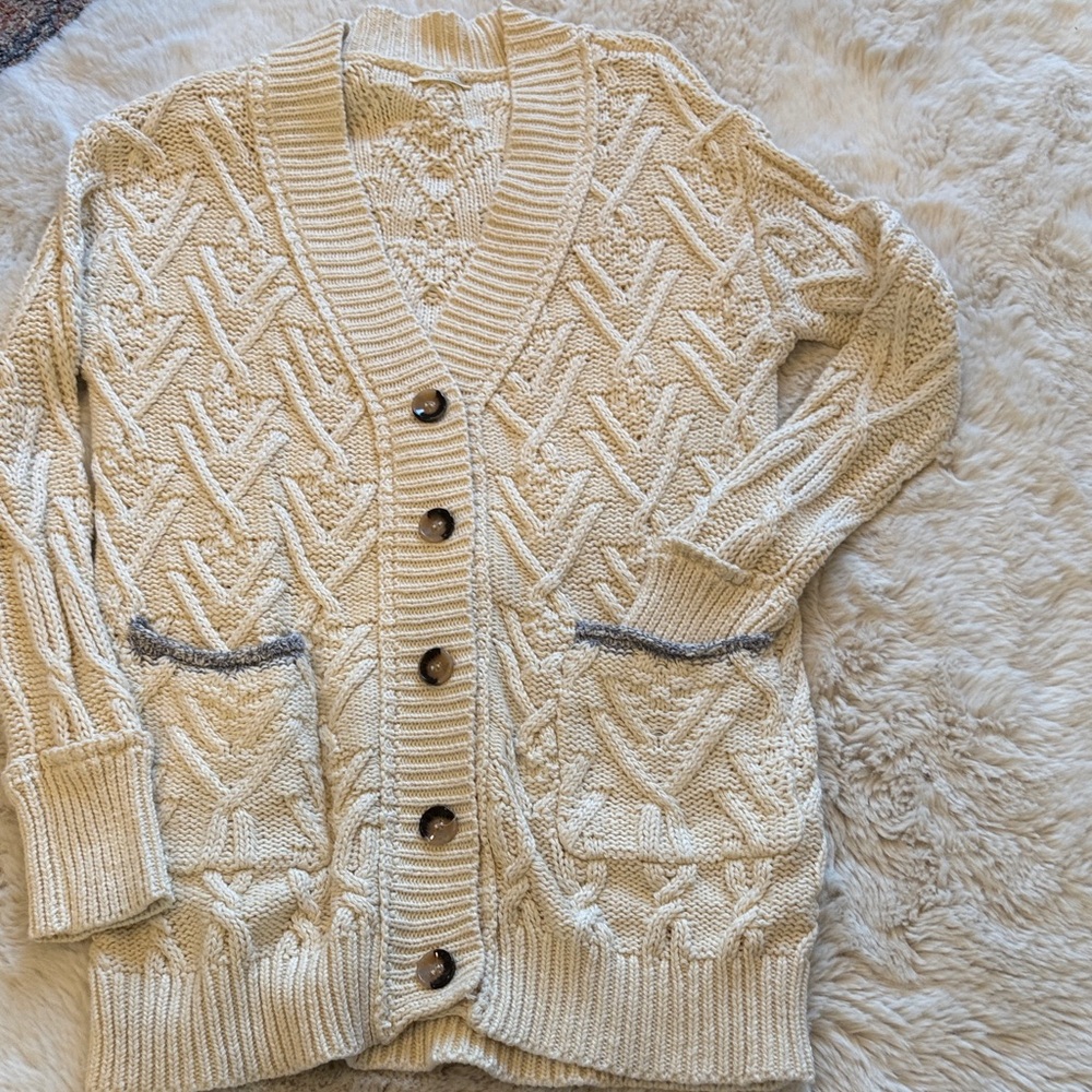 Lovestitch Cream Cable Knit Cardigan with Blue trim